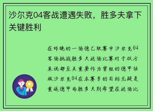 沙尔克04客战遭遇失败，胜多夫拿下关键胜利